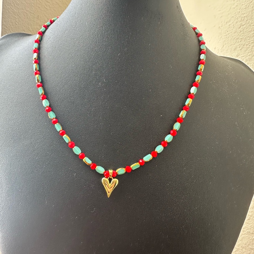 Vibrant Beaded Necklace with Gold Heart Pendant